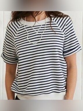 Aerie White & Navy Stripe Short Sleeve Cotton Blend Terry Sweatshirt XL